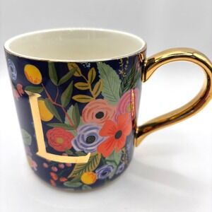 Anthropologie Rifle Paper Co. Floral Coffee Cup Monogram Gold Initial "L"